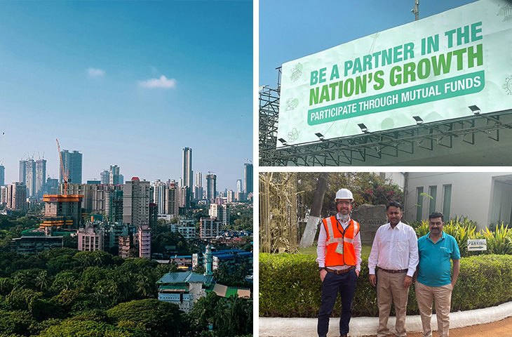 Pictures of Mumbai skyline, a billboard in Mumbai and Portfolio Manager David Nicholls at Gravita